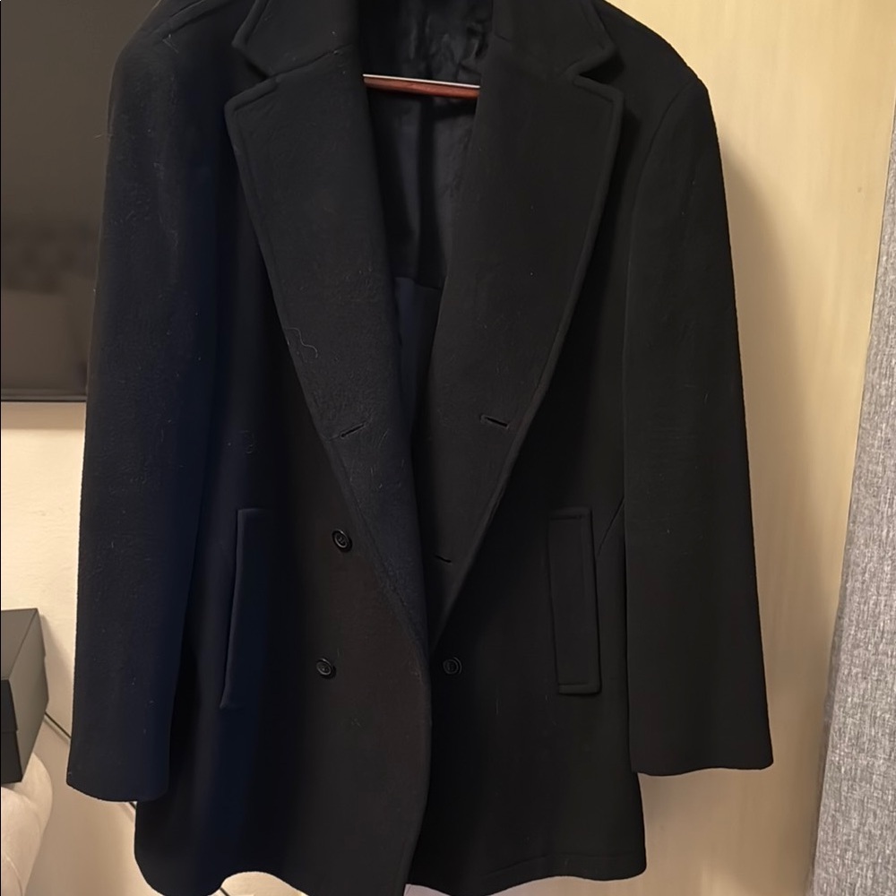 Black Pea Coat with Tailored Look and Structured Shoulders